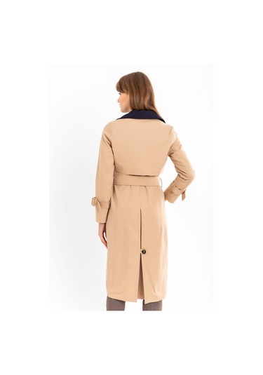 Pastelastore Pamuk Gabardin Uzun Çift Renk Garnili Kadın Trençkot 1114 Açık Bej
