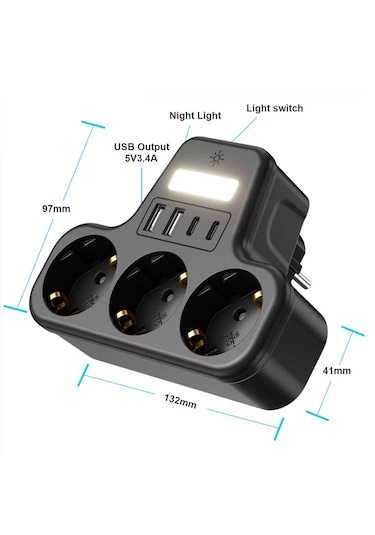 Çoklu Gece Lambalı Priz Yüksek Gerilim Korumalı 3'lü Priz 2x Usb 2x Type-c Çıkışlı Grup Priz Çoğaltıcı 0