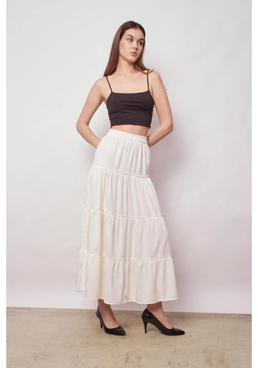 Kadın İç Göstermez Midi Boy Fırfırlı Beli Lastikli Etek -krem Krem