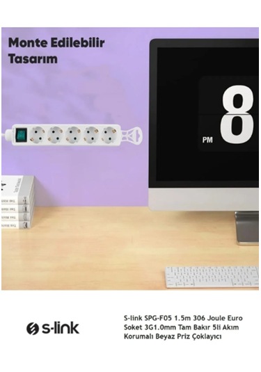1.5mt 5'li Akım Korumalı Priz Kablolu Beyaz On/off Tuşlu Priz
