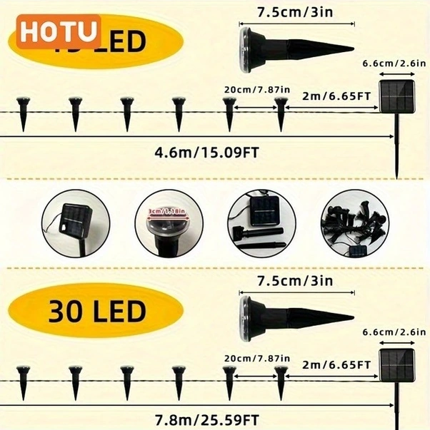 Trendooze Sunshine022 Güneş Enerjili Bahçe Yol Lambası 30 Led 25 6ft Sıcak Işık 30lu Çim Aydınlatma Sıcak Işık