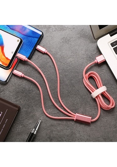 Sandwich Üçlü Bağlantı Lightning/type-c/micro Usb Nilon Dokuma Şarj Kablosu - Pembe, 2a Hızlı Şarj, Dayanıklı Kablo
