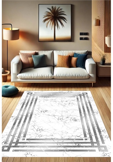 Beyaz Gri Dijital Baskı Salon Halısı Kaymaz Tabanlı Yıkanabilir Halı Yolluk 537 Beyaz