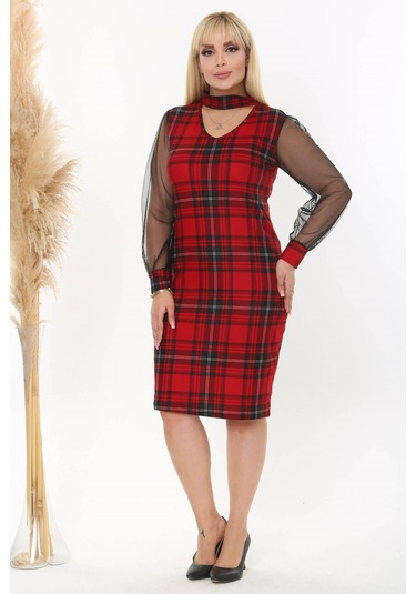 Kadın Kırmızı Siyah Ekose Desen Yaka Detay Tül Kol Büyük Beden Esnek Süet Elbise Kırmızı