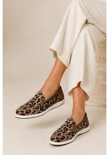 Sovenso Sunny Hakiki Deri Desert Leopar Süet Termo Taban Kahve Loafer