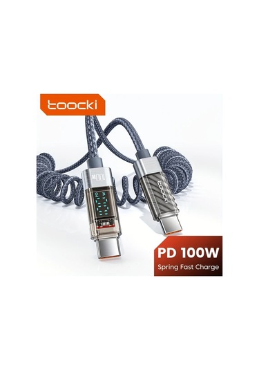 Xuweiwei Grey Usb-a To Type-c 1.8m 5.9ft Toocki Spring Kablosu 100w 6a Dijital Ekranlı Şarj Ve Veri Aktarım Kablosu