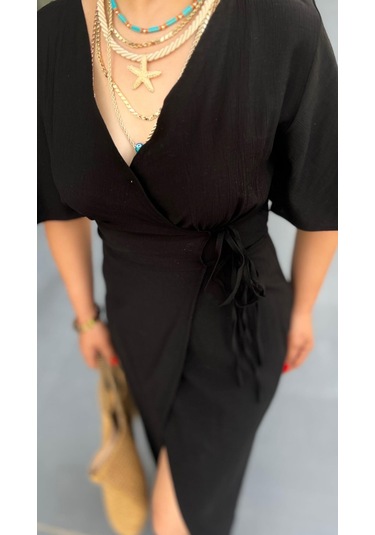 Siyah Çift Bel Bağlamalı Maxi Boy Elbise Siyah