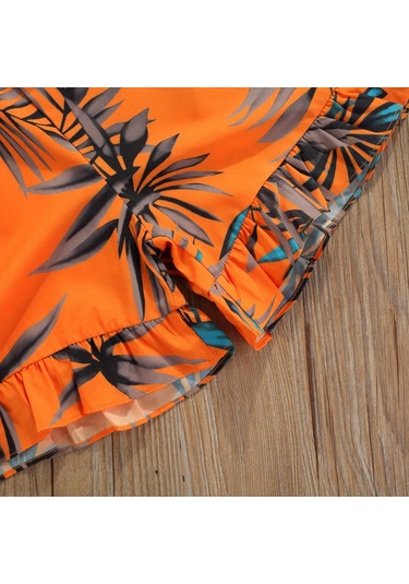 Kız Üstleri, Şortlu Takım, Ilmek Askılı Yazlık Gömlek Yaprak Baskılı Plaj Yeleği Bol Pantolon, Turuncu