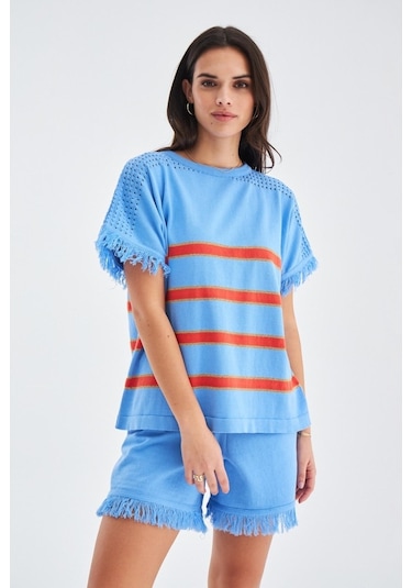 Peraluna Hannah Blouse & Shorts Pamuklu Yazlık Kadın Triko Şort T Mavi