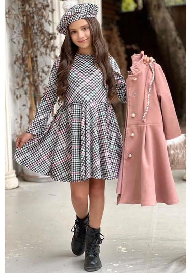 Riccotarz Kız Çocuk Kazayağı Desen Elbise Kolları Peluş Ve Omuzları İnci İşleme Kemerli Pembe Kaşe Kaban Pembe