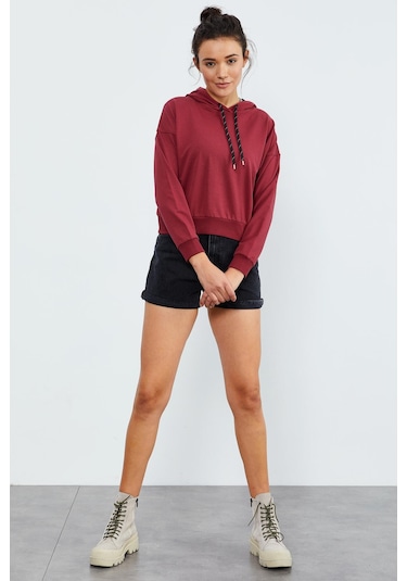 Tommy Life Bordo Uzun Kol Rahat Form Kapüşonlu Kadın Sweatshirt - 97115 Bordo