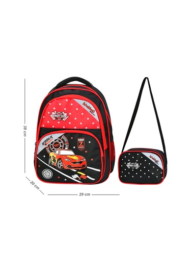 Waddell İlkokul Sırt Çantası ve Beslenme Çantası Yarış Arabası Kırmızı-Siyah