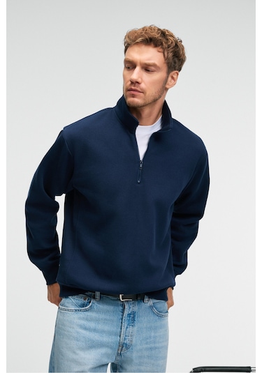 BAXTER Erkek Dik Yakalı Fermuarlı Relaxed Lacivert Sweatshirt