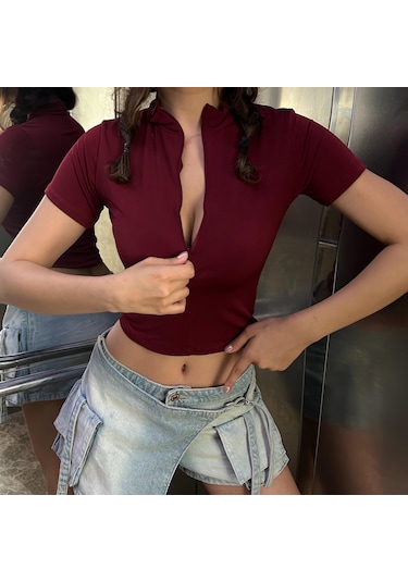 Bordo Balıkçı Yaka Yarım Fermuarlı Kısa Kollu Crop-6389 Bordo