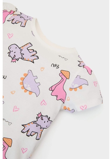 Defacto %100 Pamuklu Dinozor Baskılı Pijama Takımı Kız Bebek E1547A525SM Ekru