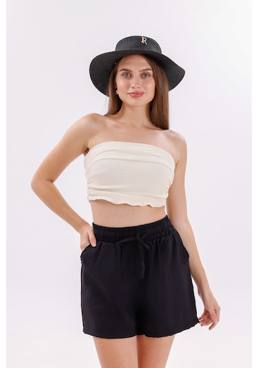 Genius Store Genıus Store Kadın Şort Aerobin Pamuklu Cepli Çekmez Kumaş Beli Lastikli Şort Siyah