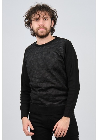 Çizgi Triko Erkek Bisiklet Yaka Desenli Kazak 42554225 Siyah Siyah