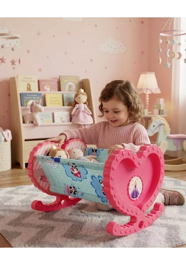 Sallanabilir Prenses Kalp Figürlü Oyuncak Bebek Beşiği Evcilik Oyun Seti