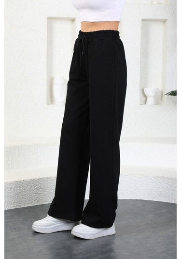Kallima Siyah Mevsimlik Salaş Rahat Bol Paça Kadın Eşofman Altı Siyah