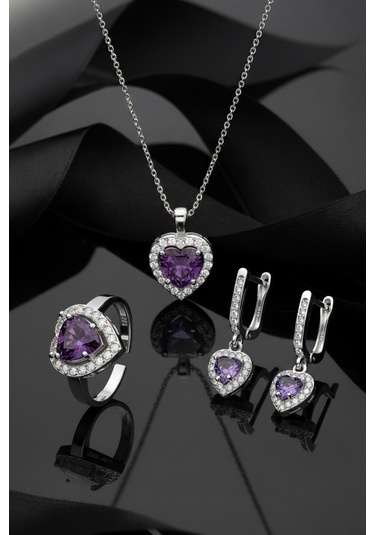 925 Ayar Ametist Taşlı Rodyum Pırlanta Işıltılı Kalp 3'lü Gümüş Set-takım Ayarlanabilir Rs10053 Gümüş