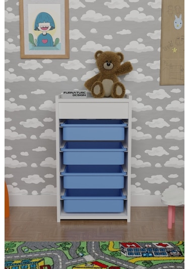 4 Sepetli Oyuncak Dolabı Çok Amaçlı Dolap Beyaz - Mavi Beyaz
