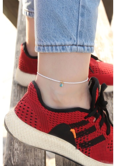 Moco Nazar Boncuğu Tasarımlı Beyaz Boncuk Detaylı Halhal Çok Renkli