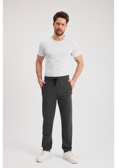 Antrasit Erkek Fermuarlı Cepli Nakış Detaylı Düz Paça Rahat Kesim Günlük Eşofman Altı Antrasit