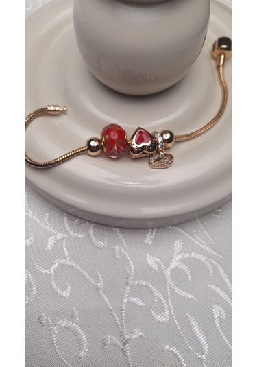 Uzel Xuping Gold Altın Renk Kırmızı Kap, Kırmızı Boncuklu, Taşlı Kalp Charmlı Çelik Bileklik Kırmızı