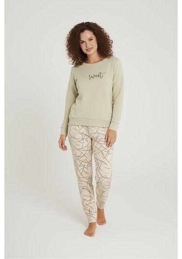 Luxury Thermal Be Sweet Yazılı Çizgili Desenli Kadın Polar Pijama Takımı 42040 Krem
