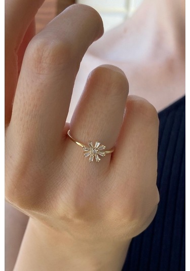 Zümrüt Sarraf 14 Ayar Yeşil Altın Kadın Minimal Taşlı Papatya Yüz 553891797