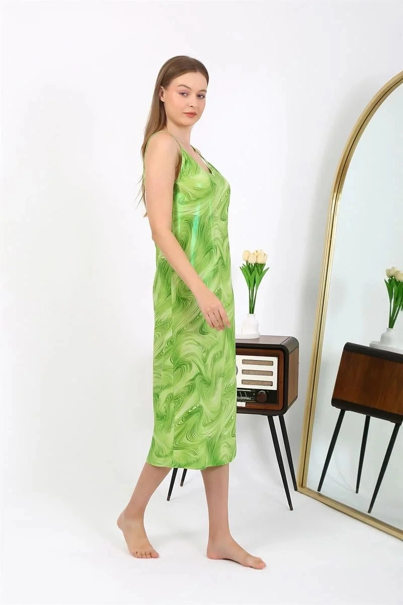 Moda Kadın İp Askılı Uzun Parlak Micro Elbise Gecelik Yeşil Yeşil