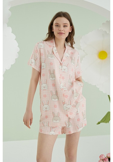Nbb Kadın Pembe Rabbit Önden Düğmeli Şortlu Pijama Takım