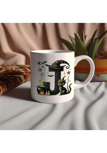 J Harfli Halloween Kedili Figür Kupa Bardak - Şapkalı Ve Kazanlı İsme Özel Kupa - Hediye 07 Beyaz
