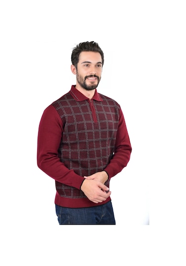 Kamalı Erkek Çelik Örgü Kazayağı Gömlek Yaka Fermuarlı Polo Yaka Tüylenmeyen Triko Kışlık Baba Kazak Bordo