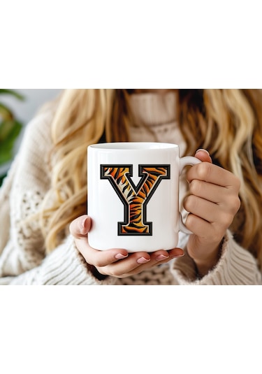 Y Harfi Kaplan Figürlü Nakış Desenli Kupa Bardak - Kişiye Özel Vahşi Hayvan Desenli Kupa - Hediye Beyaz