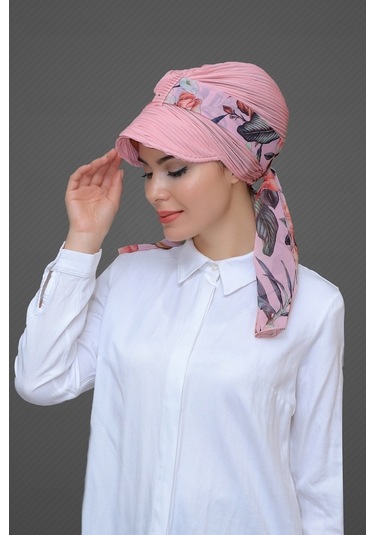 Pudra Şapkalı Tesettür Bone Kesik Elyaf Desenli Şifon Kemerli 190 Pudra