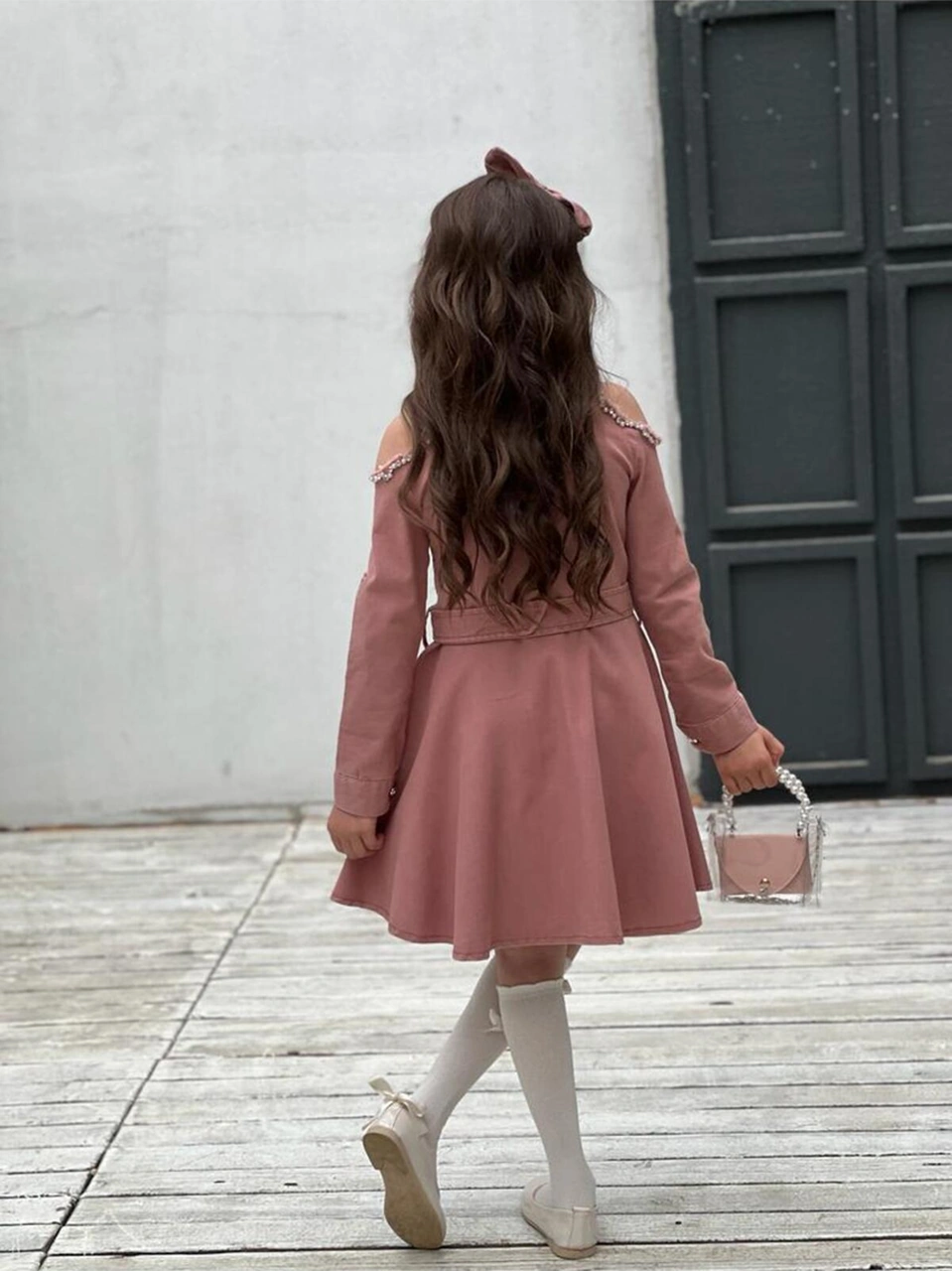 Çocuk Omuz Taşlı Püsküllü Kız Çocuk 5 Parça Kot Elbise Pudra