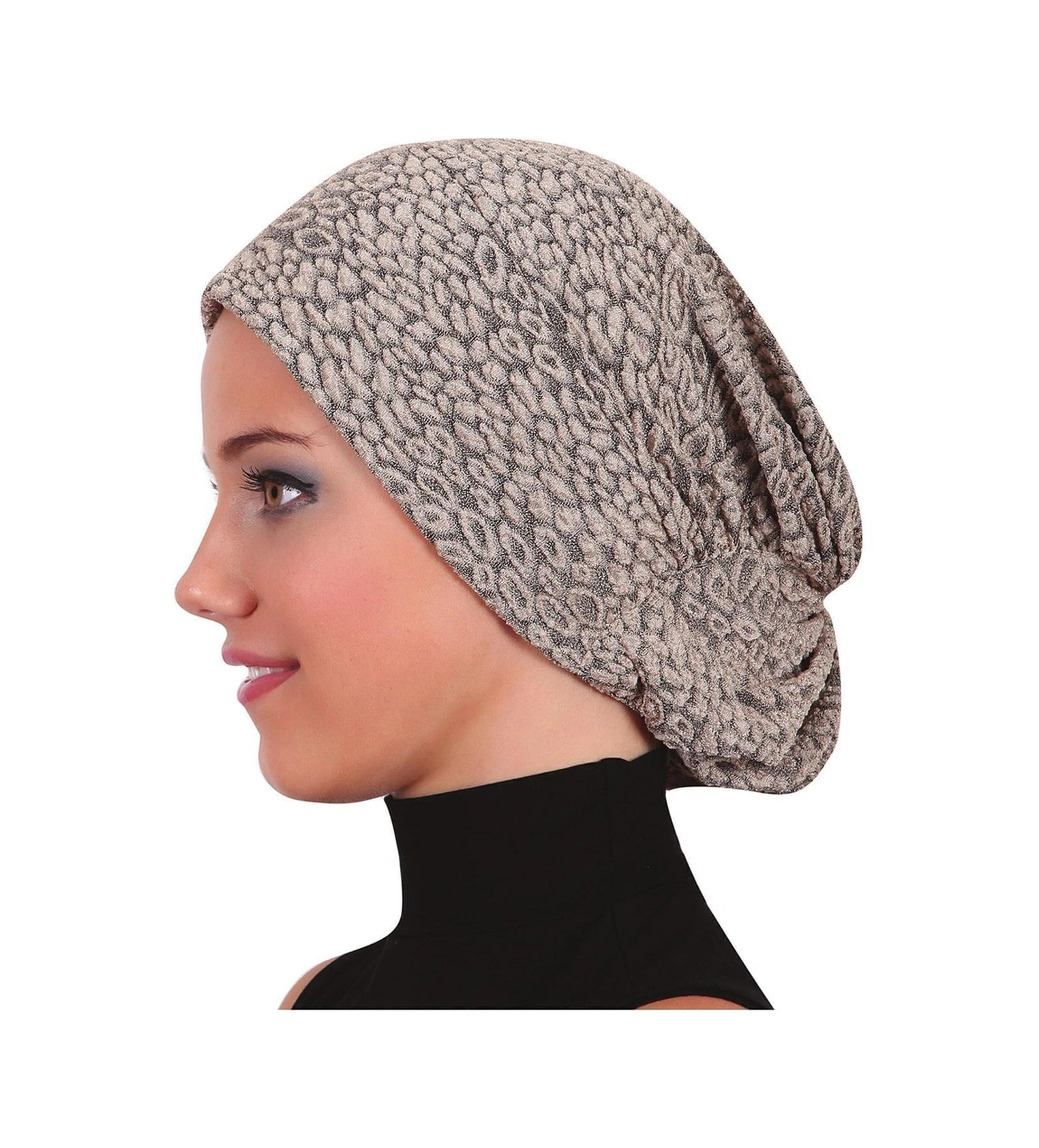 Topuzlu Brokar Bej Hazır Türban Tesettür Bone Bej