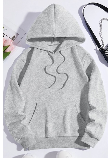 Pamuk Şardonlu Kapüşonlu Sweatshirt Gri