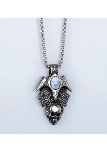 Paslanmaz Çelik Turkuaz Taş Detaylı Haç Kurukafa Kolye