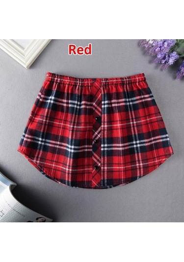 Fastbuy Kırmızı Kadın Mini Etek Gömlek - Ekose Katmanlama, Genişletici, Ayarlanabilir Rahat Moda Giyim Kırmızı