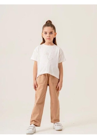 Kız Çocuk Çiçek Desenli Ceket Tshirt Pantolonlu Takım-15508 Bej