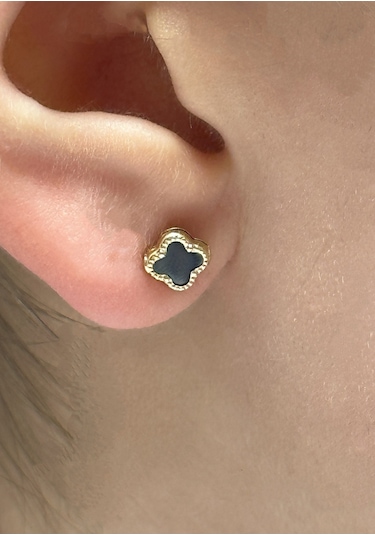 Altın Vidalı Yonca Model Küpe