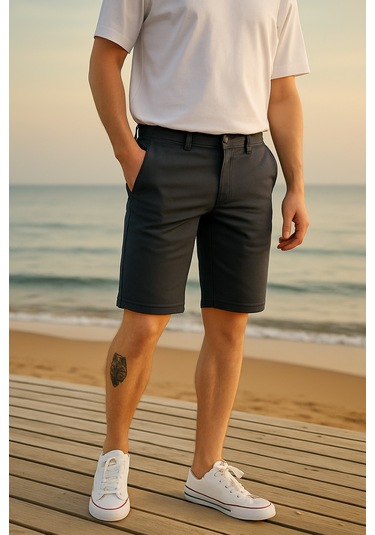Pobudo Antrasit Renk Pamuk Kumaş Chino Erkek Şort 2025-1784 Antrasit