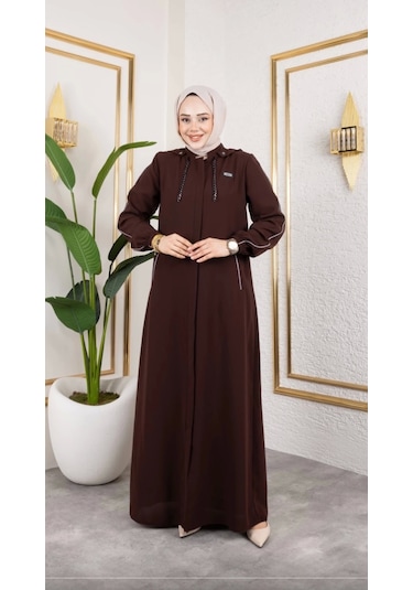 Biyeli Şerit Metal Aksesuar Detaylı Ferace / Taba - F0144 Taba