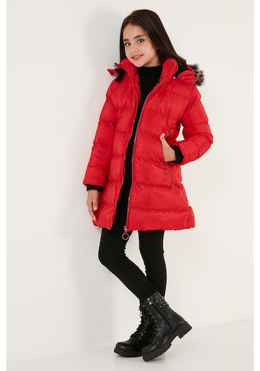Lela Peluş Astarlı Yakası Suni Kürklü Çıkarılabilir Kapüşonlu Kışlık Kız Çocuk Mont 5766038 Kırmızı