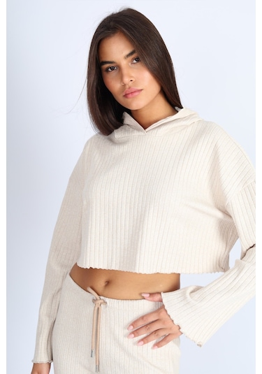 Soft&Basic Kadın Eşofman Takımı Kapüşonlu Sweatshirt Ve Geniş Paça Bej Pantolon Eşofman Bej
