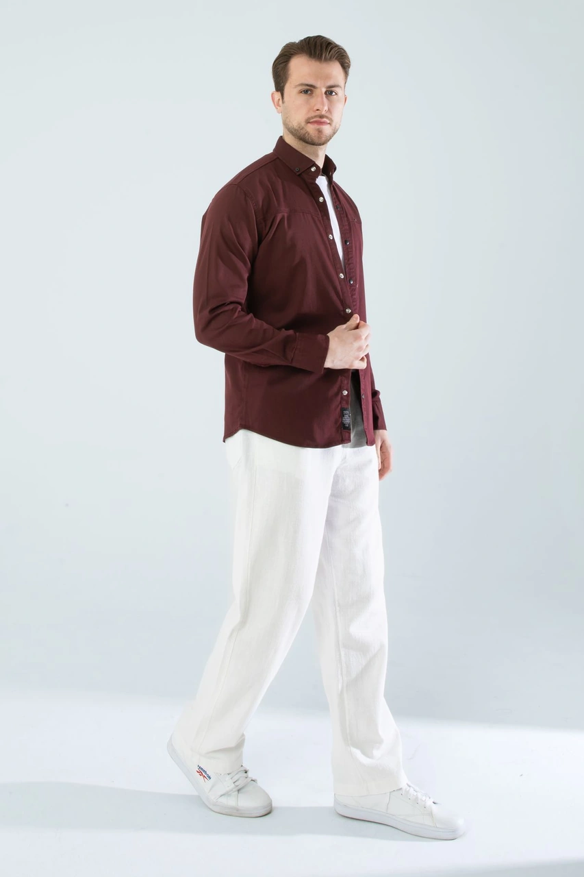 Slim Fit Erkek Cepsiz Kot Gömlek Bordo