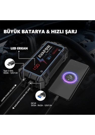 Avapow A9 29.6WH/8000MAH 1500A Jump Starter Taşınabilir Akü Takviye Kiti (Powerbank + LCD + LED Işık)