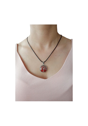 Mercan Doğal Taşlı Hayat Ağacı Çelik Kolye - Kadın Kırmızı